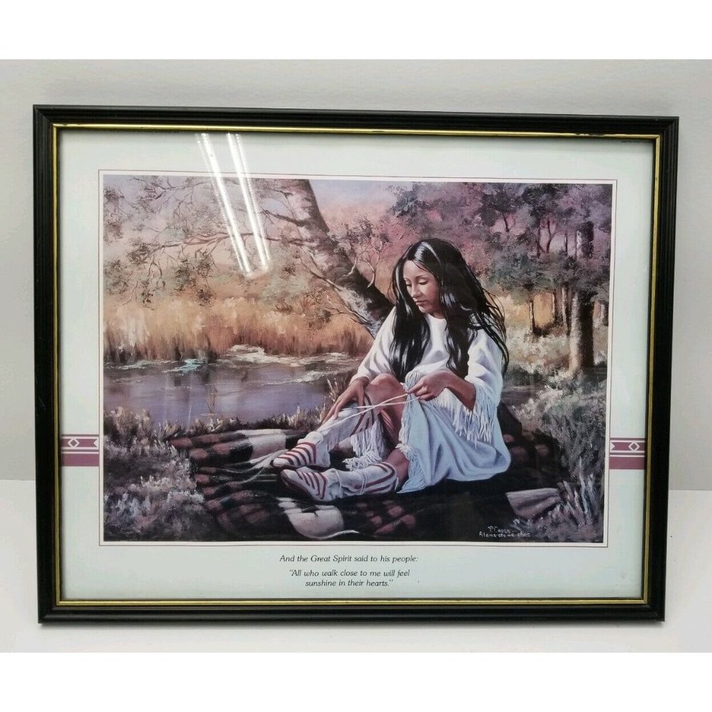 Pocahontas Artwork Indian Girl Woman Guide Canvas Picture Frame 21x17 Moccasin A